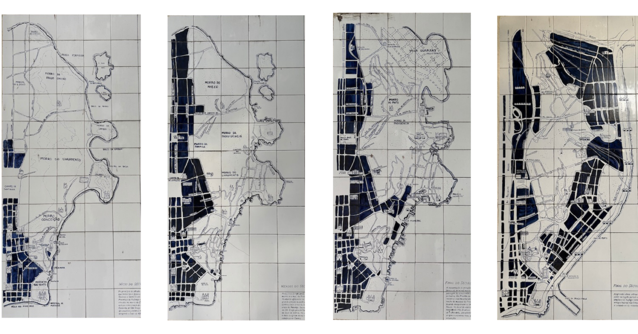 Maps show progression of a land-infill technique called embankment, popular during Rio's urban renewal in the 18th and 19th centuries
