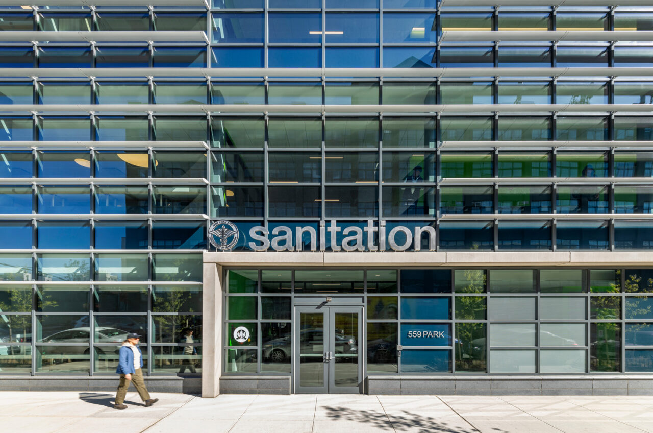 Exterior of Brooklyn's District 3 Department of Sanitation Facility. Photo: Albert Vecerka/Esto.