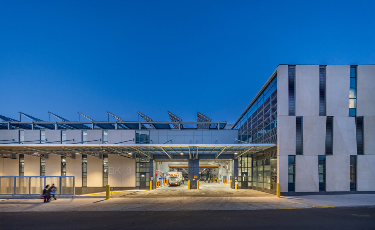 Exterior of Brooklyn's District 3 Department of Sanitation Facility. Photo: Albert Vecerka/Esto.