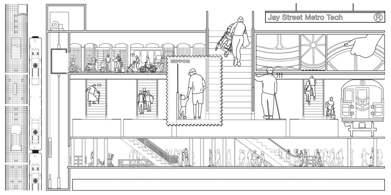 An illustration of an accessible subway station cross section