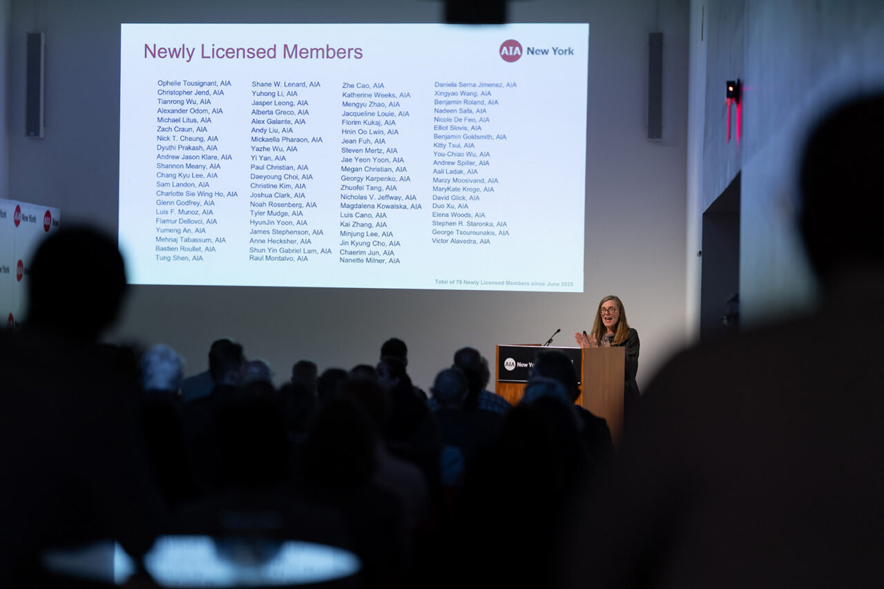 2026 AIANY Board Secretary Kirsten Sibilia congratulates the newly licensed AIANY members. Photo: Samuel Lahoz.