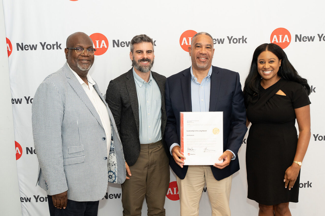 AIANY Executive Director Jesse Lazar, Assoc. AIA and AIANY President Mark Gardner, AIA, NOMA, awards Kirk Goodrich the Leadership in Housing Award. Photo: Samuel Lahoz.