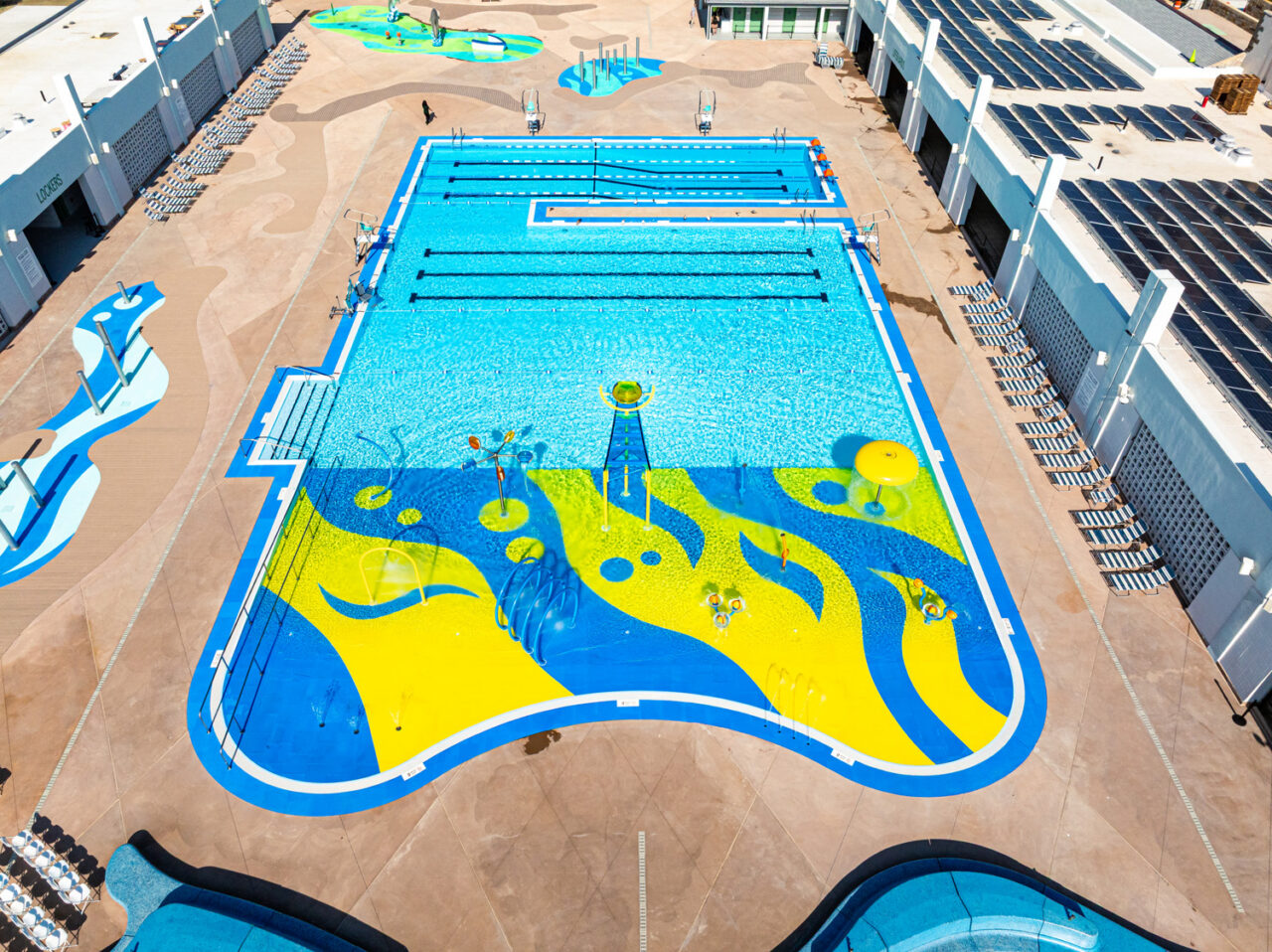 Aerial view of the pool at the renovated Jones Beach East Bathhouse