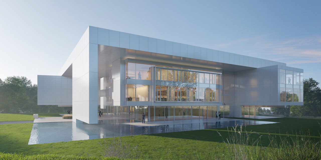 Exterior view of Meier Architects designs for the headquarters of a leading construction firm located in the Czech Republic. Image:  VIZE.