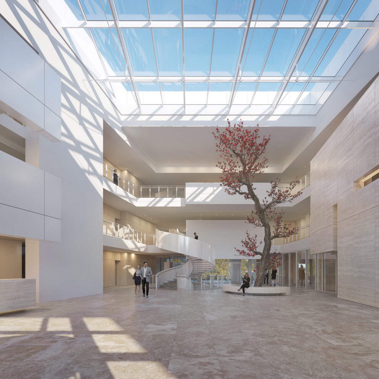 Interior view of Meier Architects designs for the headquarters of a leading construction firm located in the Czech Republic. Image: VIZE.
