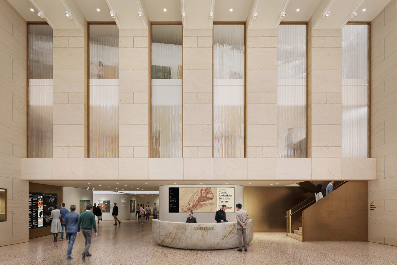 Lobby of Christie's new headquarters at Rockefeller Center by PAU. Image courtesy of Christie's.