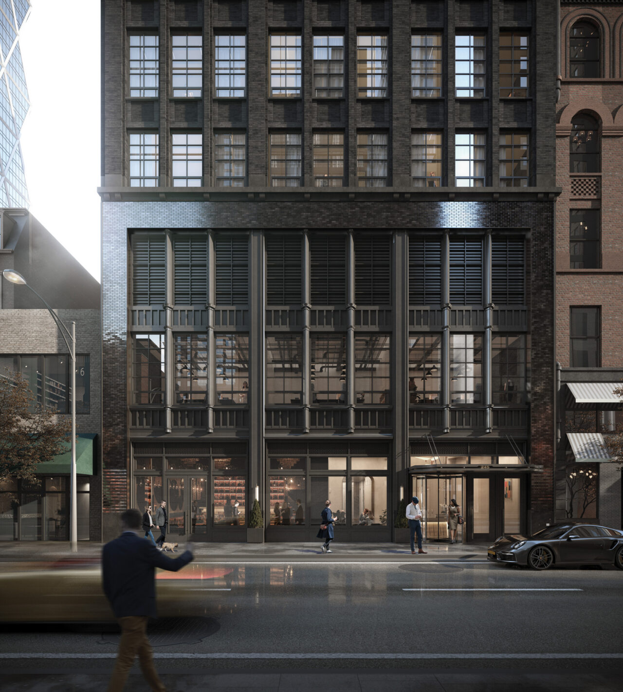 A rendering of 245 West 55th Street shows the conversion of the 1920s structure