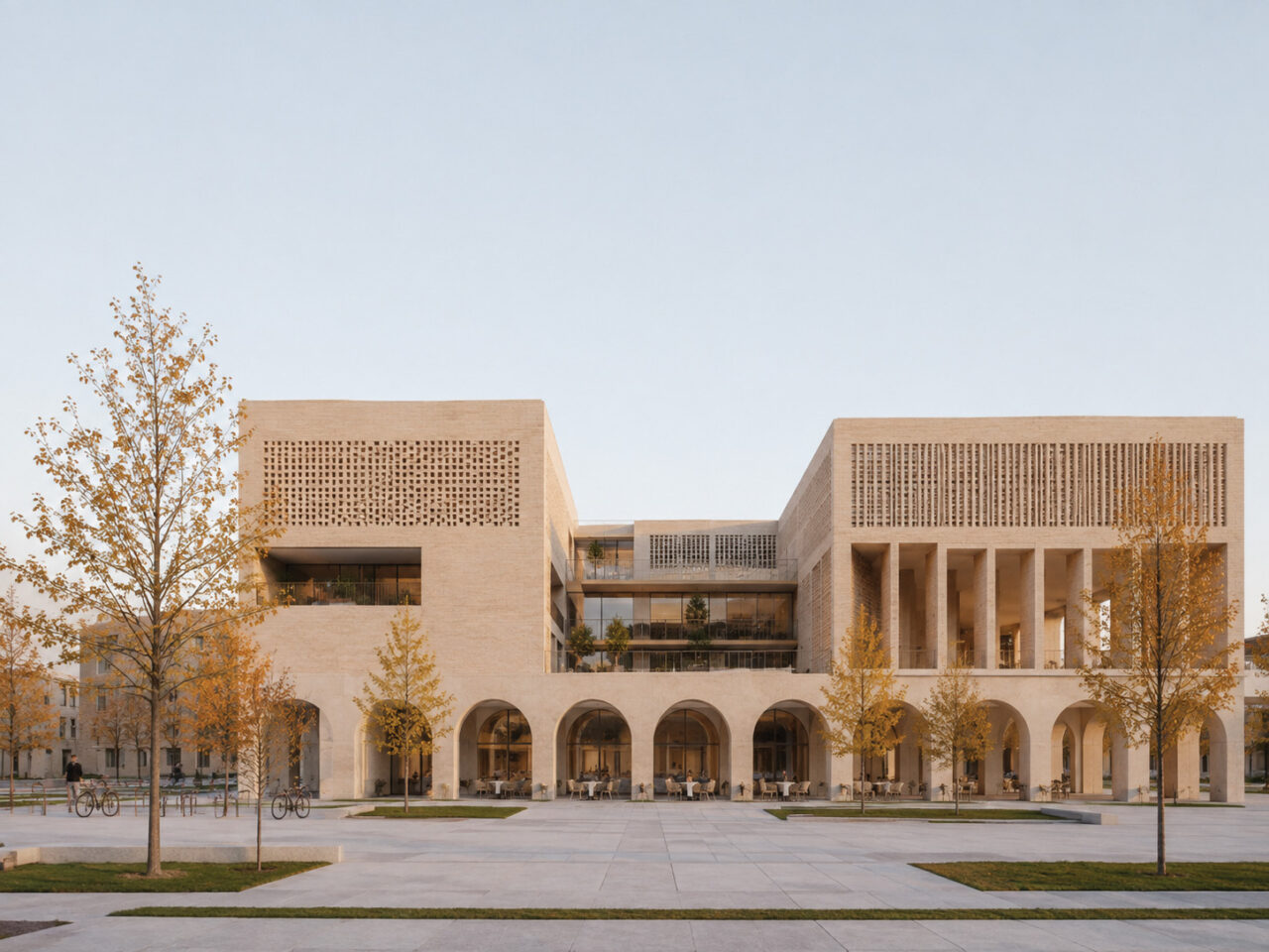 An AI-generated masonry institutional study combining arcades, screens, and deep-set openings into a contemporary civic façade.