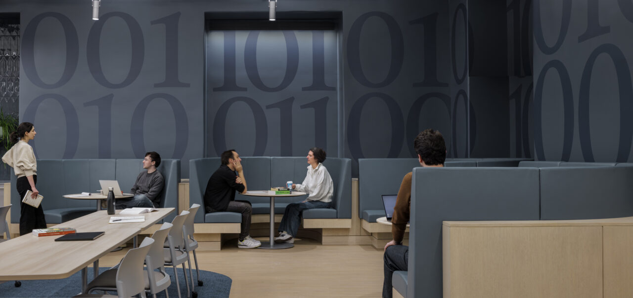 Breakout seating areas within the interior of the Columbia School of Engineering Computer Science Student Learning Center