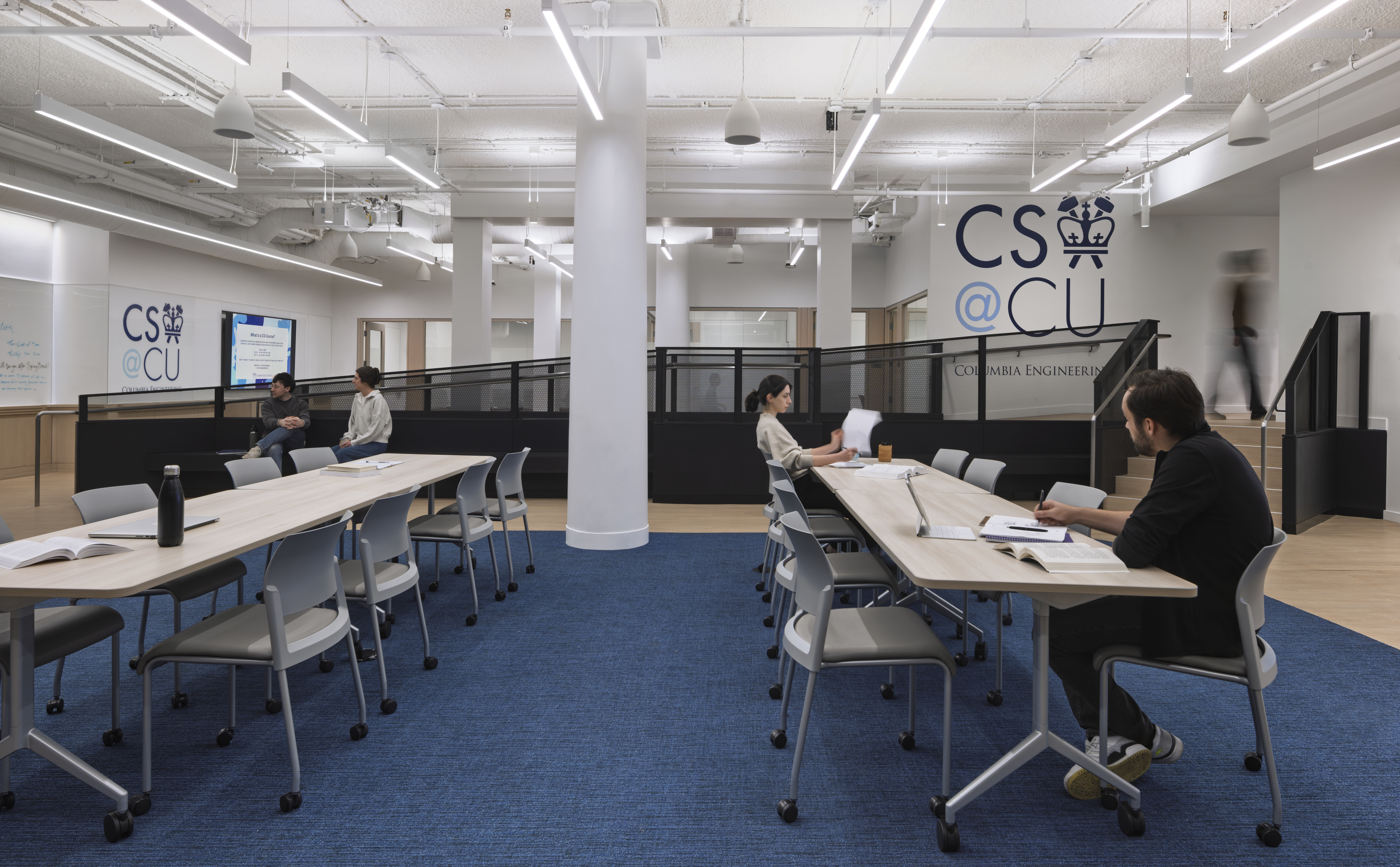 Interior study area with chairs and tables at the Columbia School of Engineering Computer Science Student Learning Center