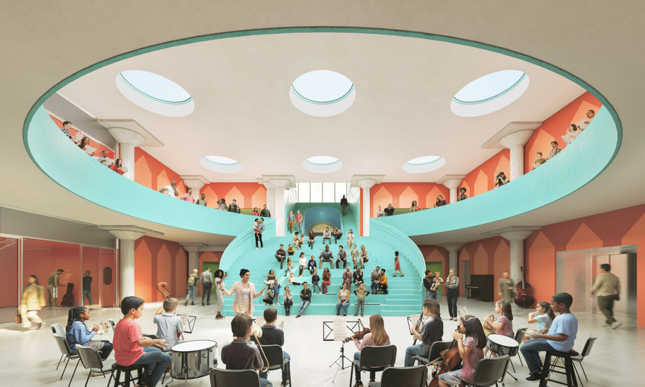 Interior circular auditorium of the Frank Liu Jr. Academy for Music and Arts