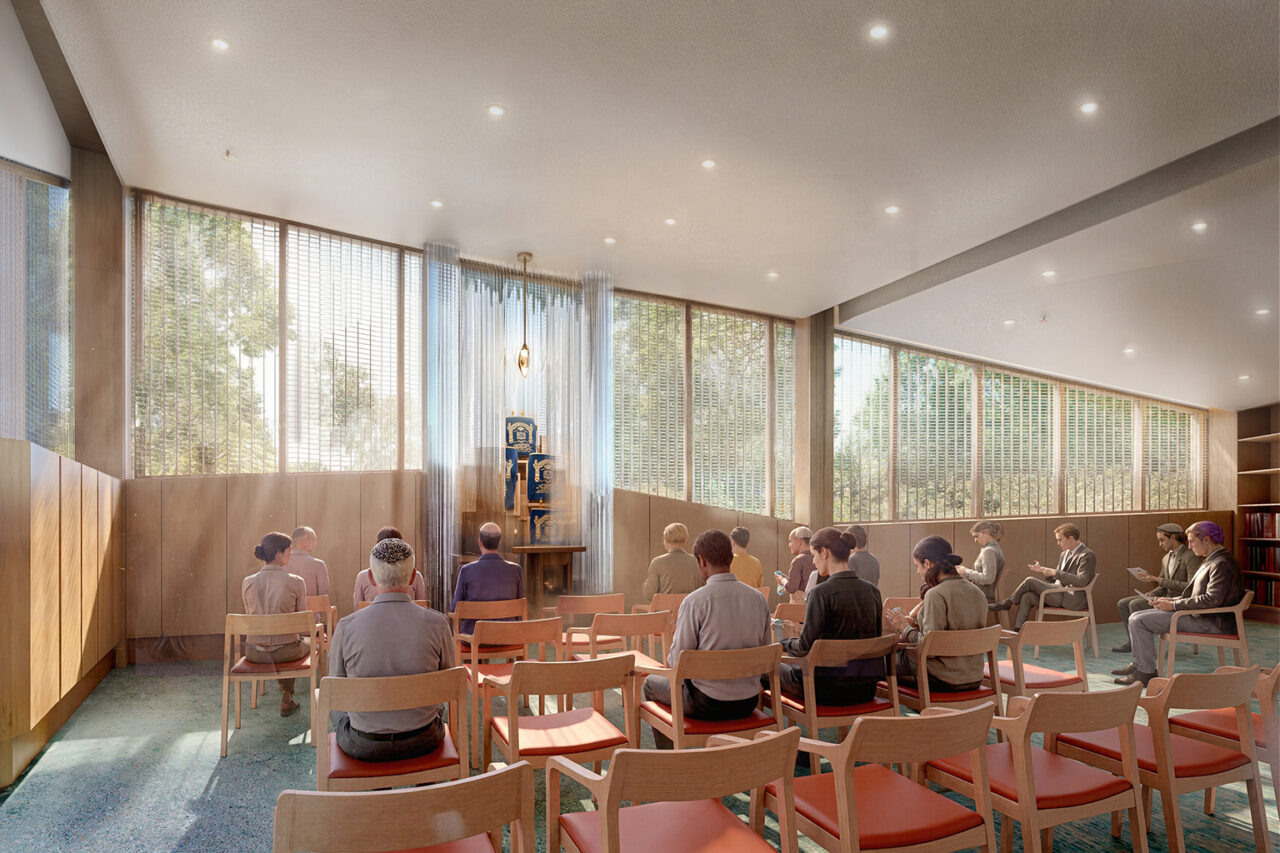 Rendering of an interior room with chairs inside the University of Rochester Student Life Center