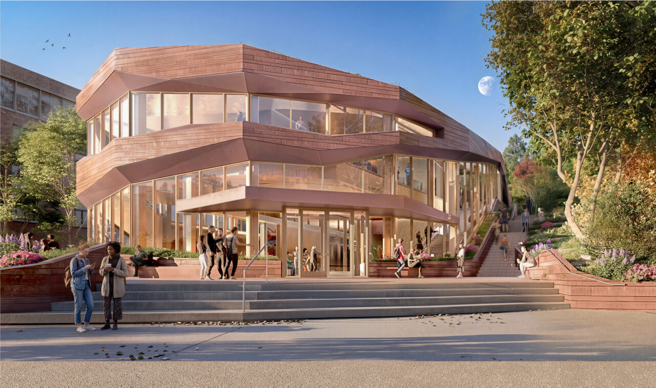Rendering of the sculptural exterior facade of the University of Rochester Student Life Center