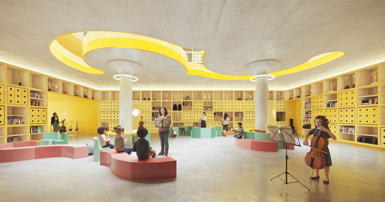 Interior view of the planned Library of the Frank Liu Jr. Academy for Music and Arts
