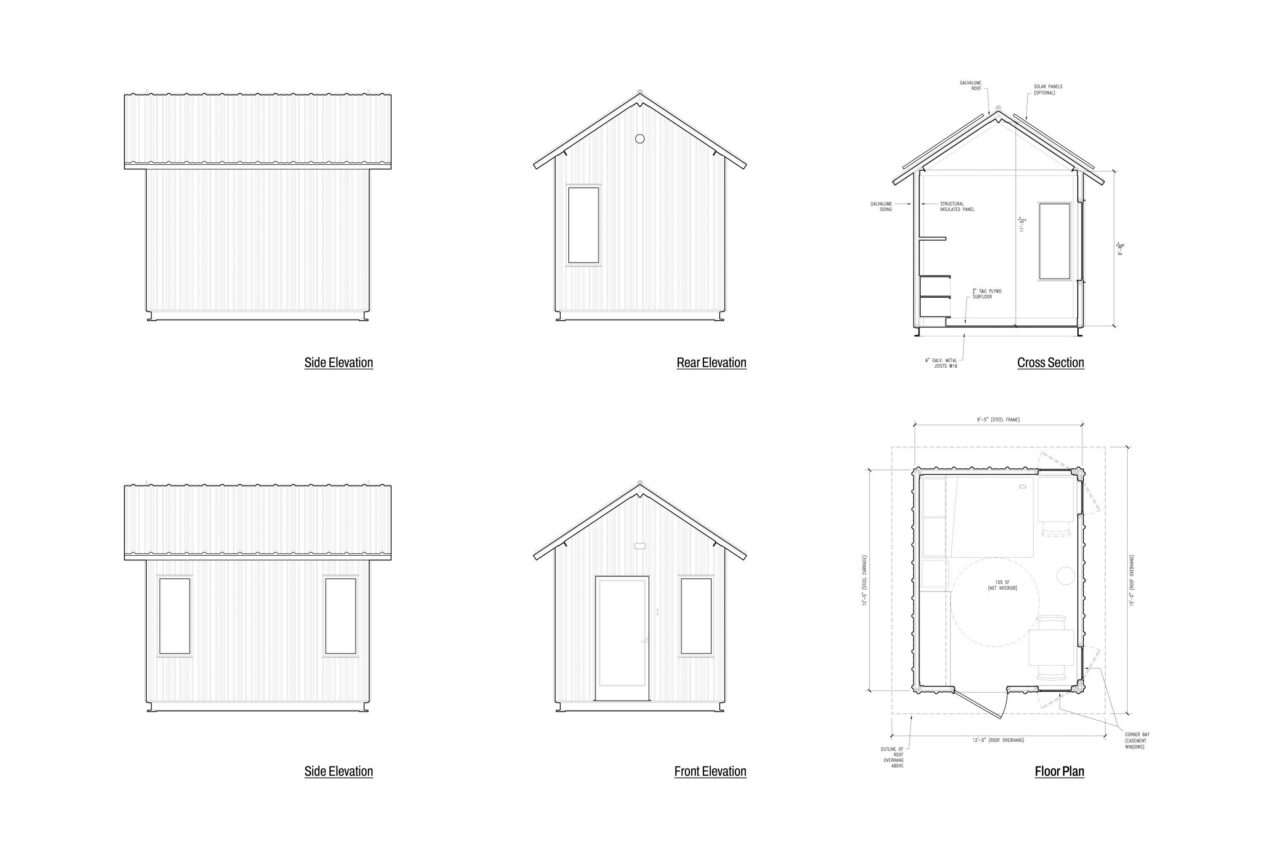 Plans, elevations, and exploded views show the compact envelope broken down into frame, panels, roof, and cladding.