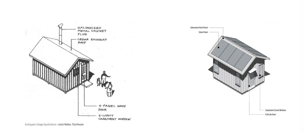 Plans, elevations, and exploded views show the compact envelope broken down into frame, panels, roof, and cladding.