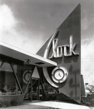 Black-and-white image of Clock diner.