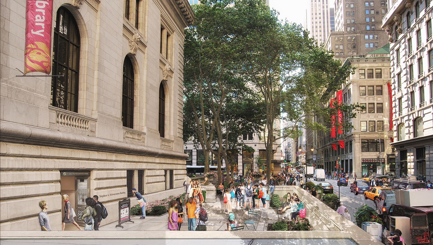 Rendering of the main branch of the New York Public Library exterior with a protected plaza