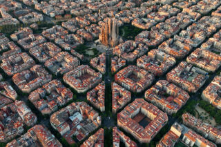 Barcelona skyline with Sagrada Familia Cathedral at sunrise. Catalonia, Spain.