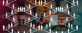 Graphic image of people walking up and down staircases overlayed on a truck driving down a street
