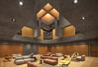 Interior image of a lounge with double height ceilings